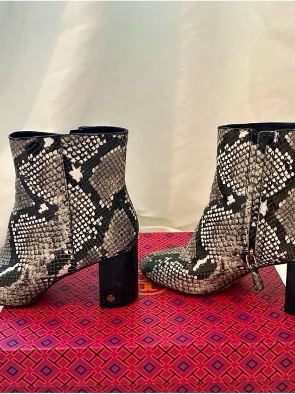 Tory Burch Snake-Print Block Heel Ankle Boot - Black & Cream